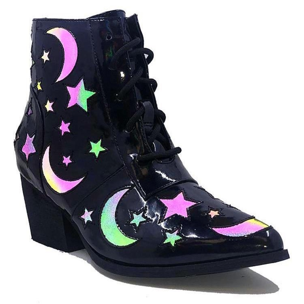 NEW YRU witchy Halloween goth holographic glow moon stars patent boots